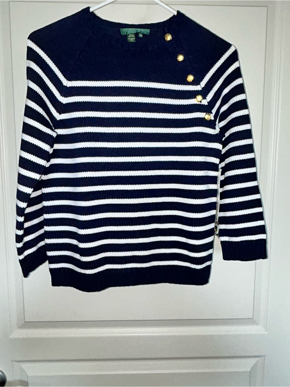 Lauren Ralph Lauren Navy & White Striped Crewneck Sweater with Gold Buttons
